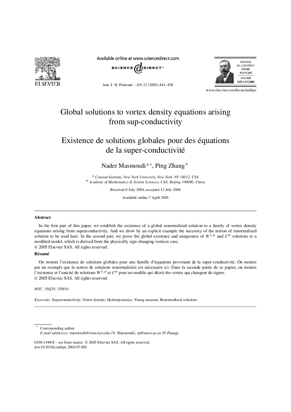 Global solutions to vortex density equations arising from sup-conductivity