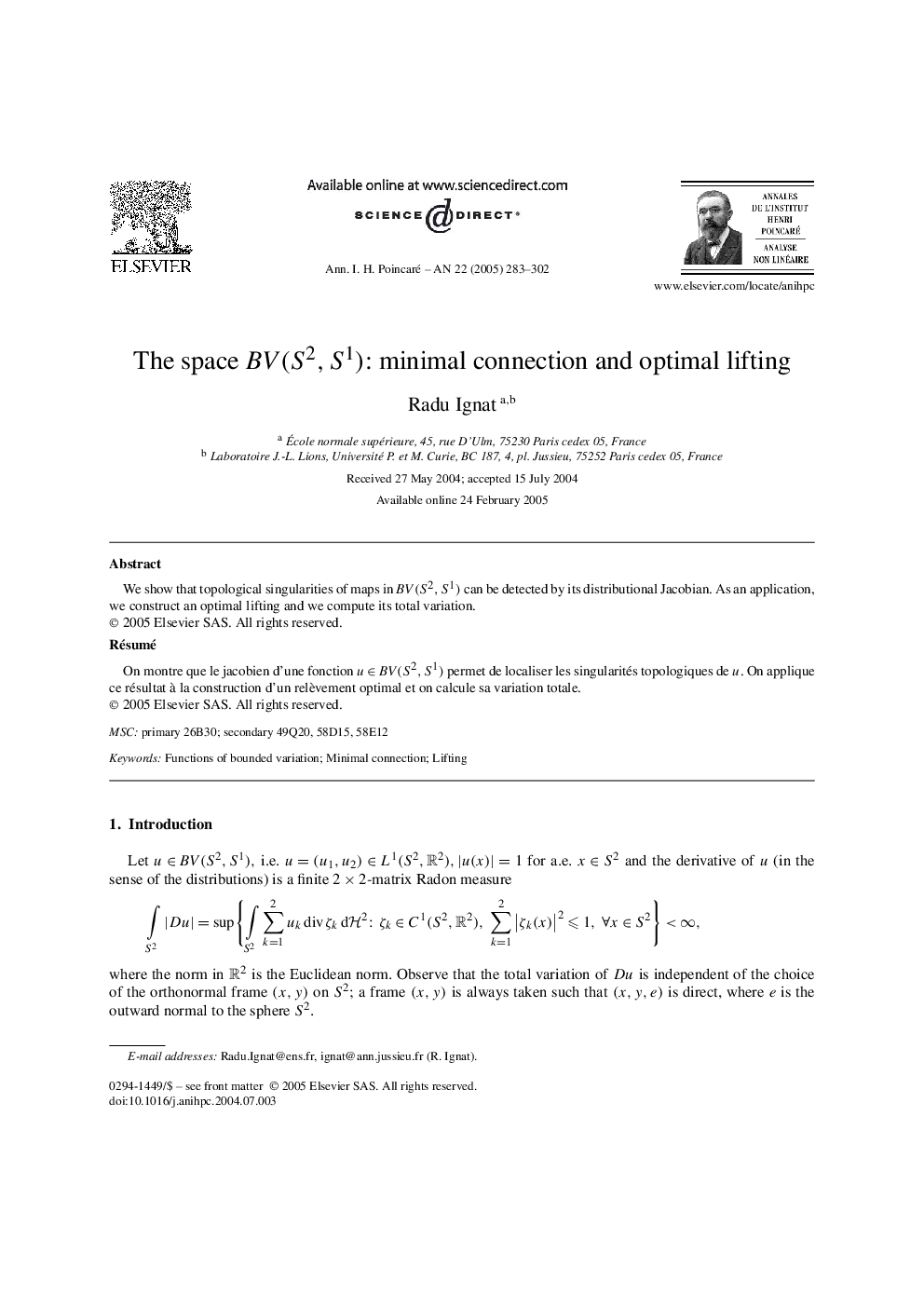 The space BV(S2,S1): minimal connection and optimal lifting