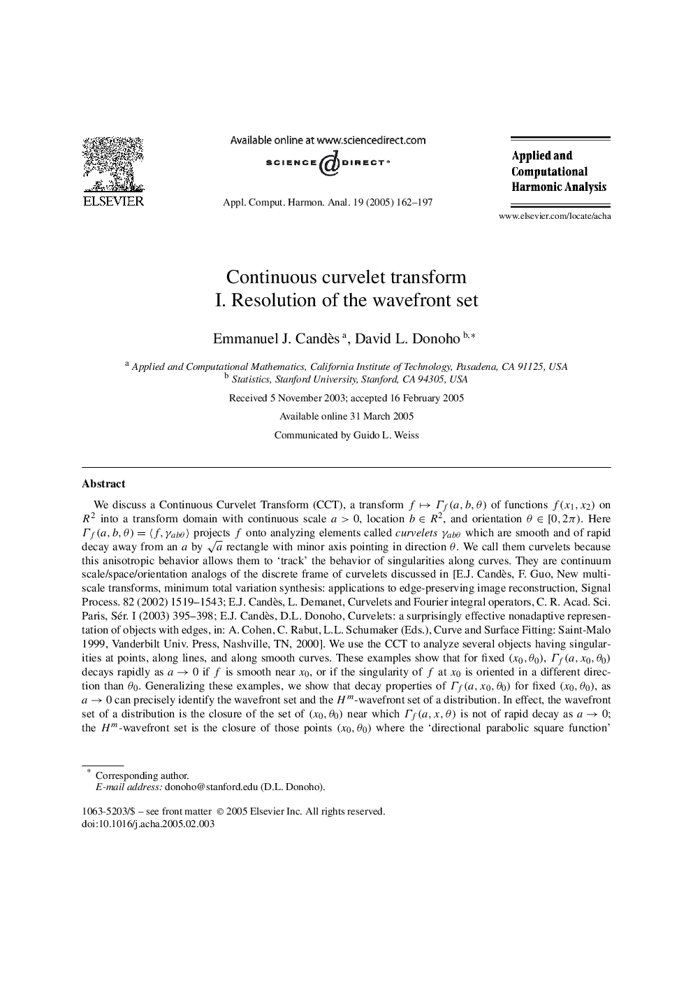 Continuous curvelet transform