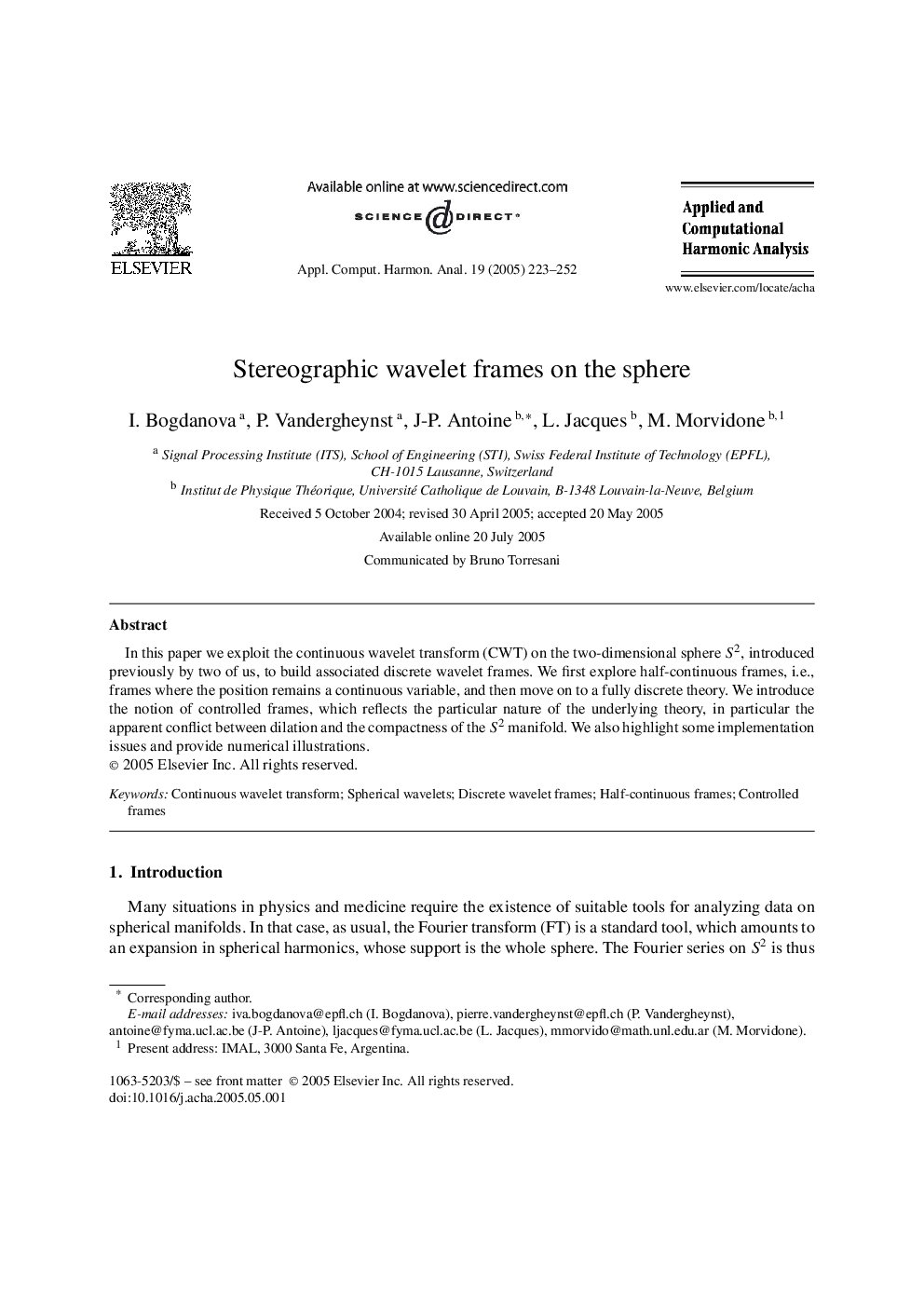 Stereographic wavelet frames on the sphere