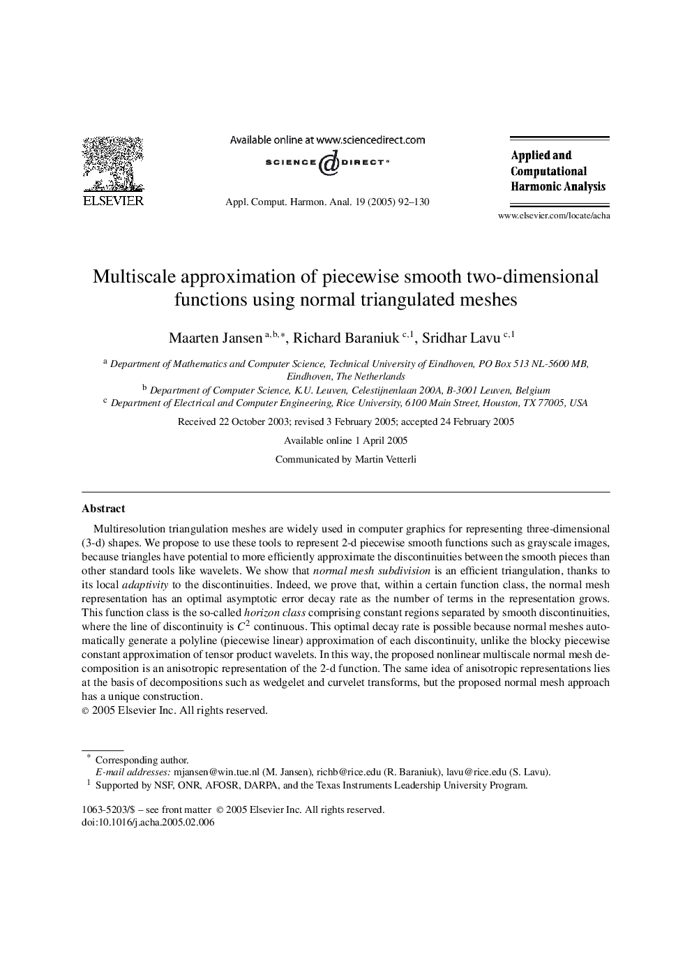 Multiscale approximation of piecewise smooth two-dimensional functions using normal triangulated meshes