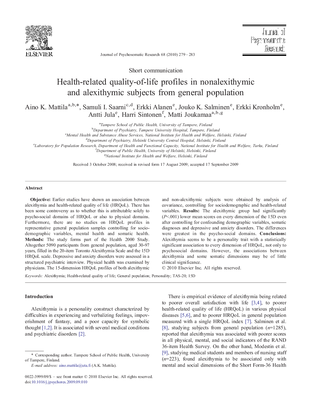 Health-related quality-of-life profiles in nonalexithymic and alexithymic subjects from general population