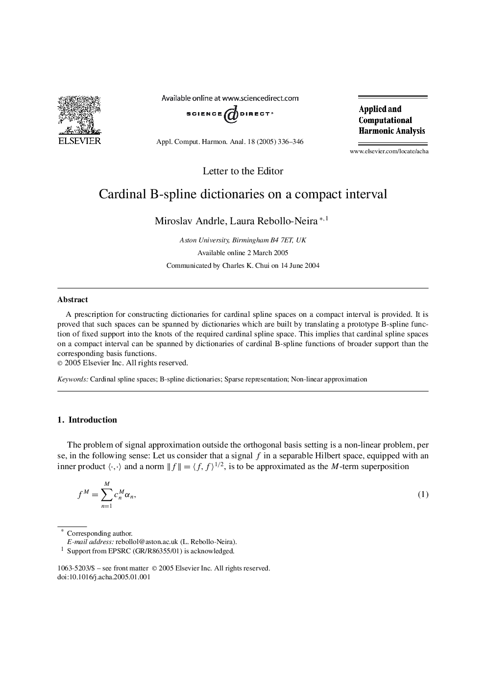 Cardinal B-spline dictionaries on a compact interval