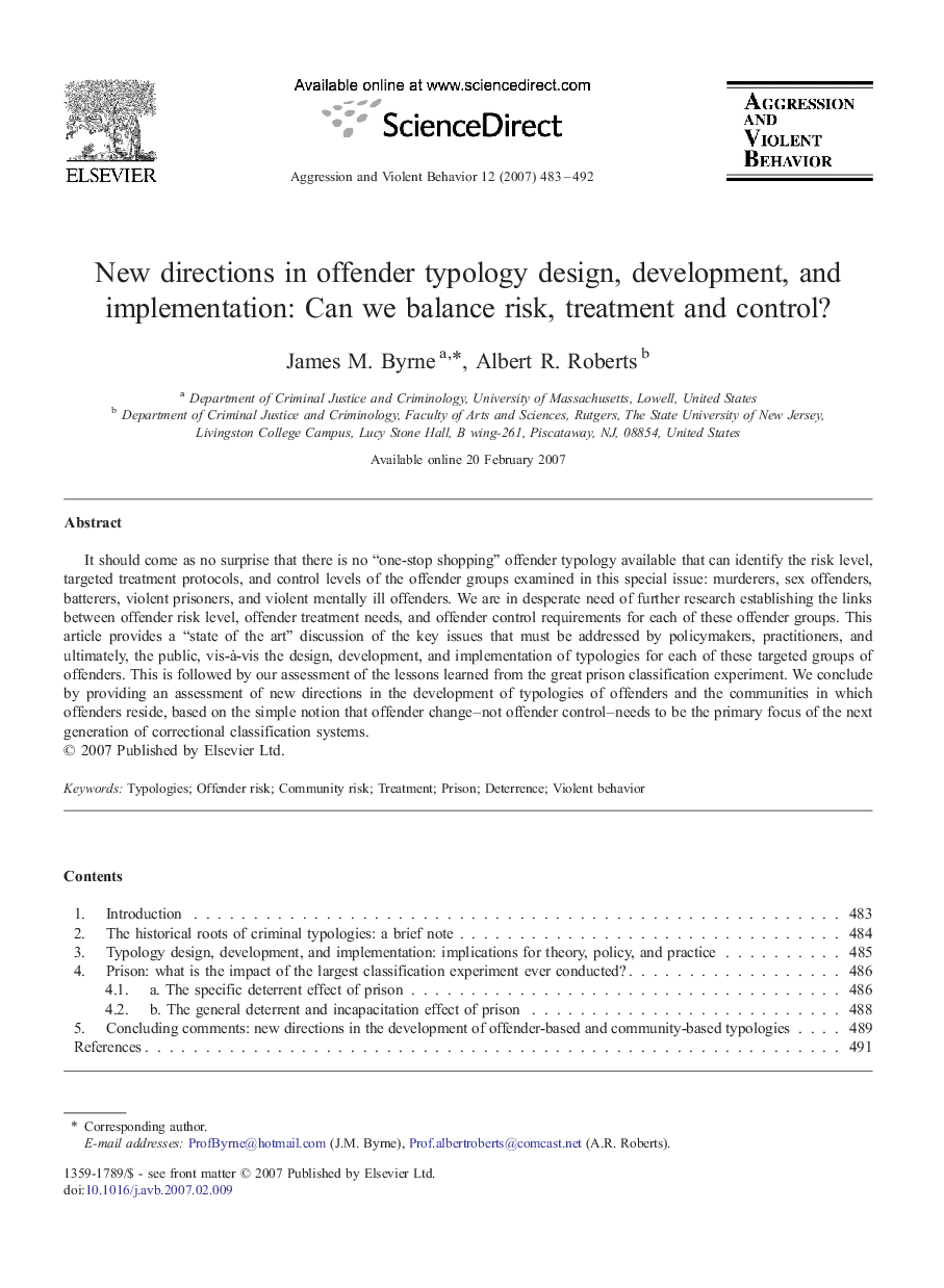 New directions in offender typology design, development, and implementation: Can we balance risk, treatment and control?