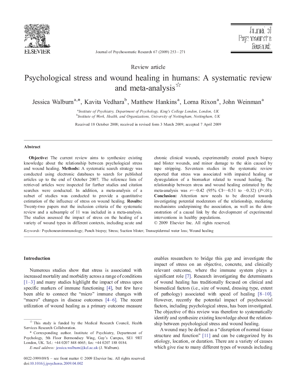 Psychological stress and wound healing in humans: A systematic review and meta-analysis 