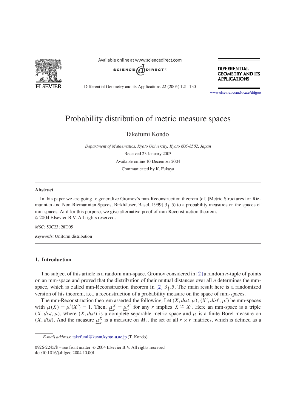 Probability distribution of metric measure spaces