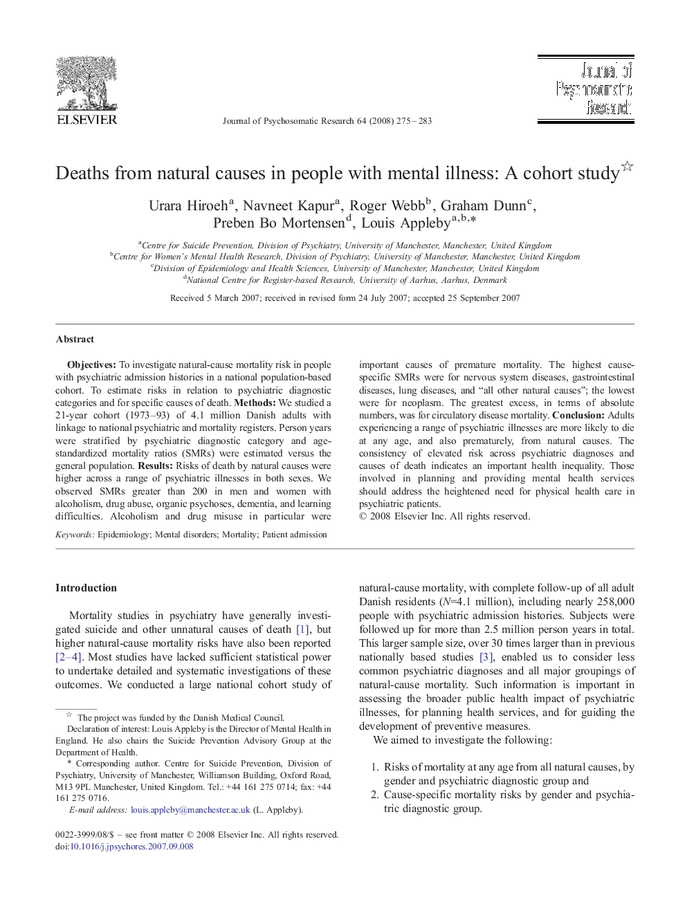 Deaths from natural causes in people with mental illness: A cohort study 