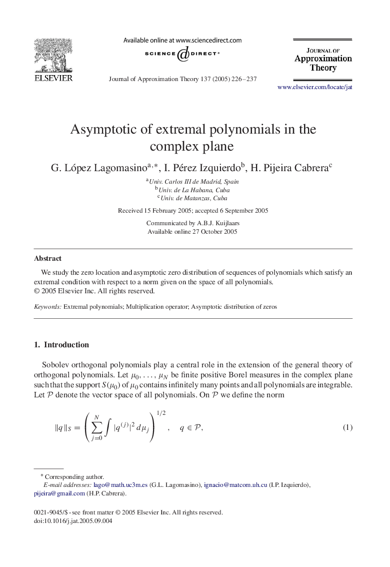 Asymptotic of extremal polynomials in the complex plane