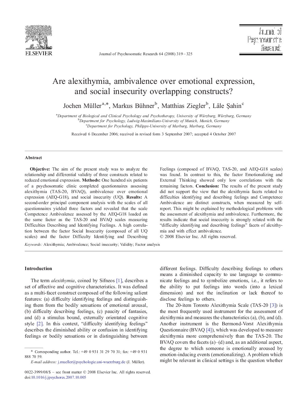 Are alexithymia, ambivalence over emotional expression, and social insecurity overlapping constructs?