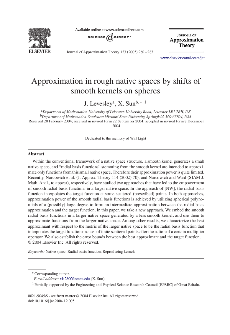 Approximation in rough native spaces by shifts of smooth kernels on spheres