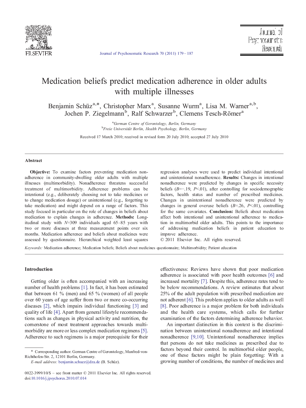 Medication beliefs predict medication adherence in older adults with multiple illnesses