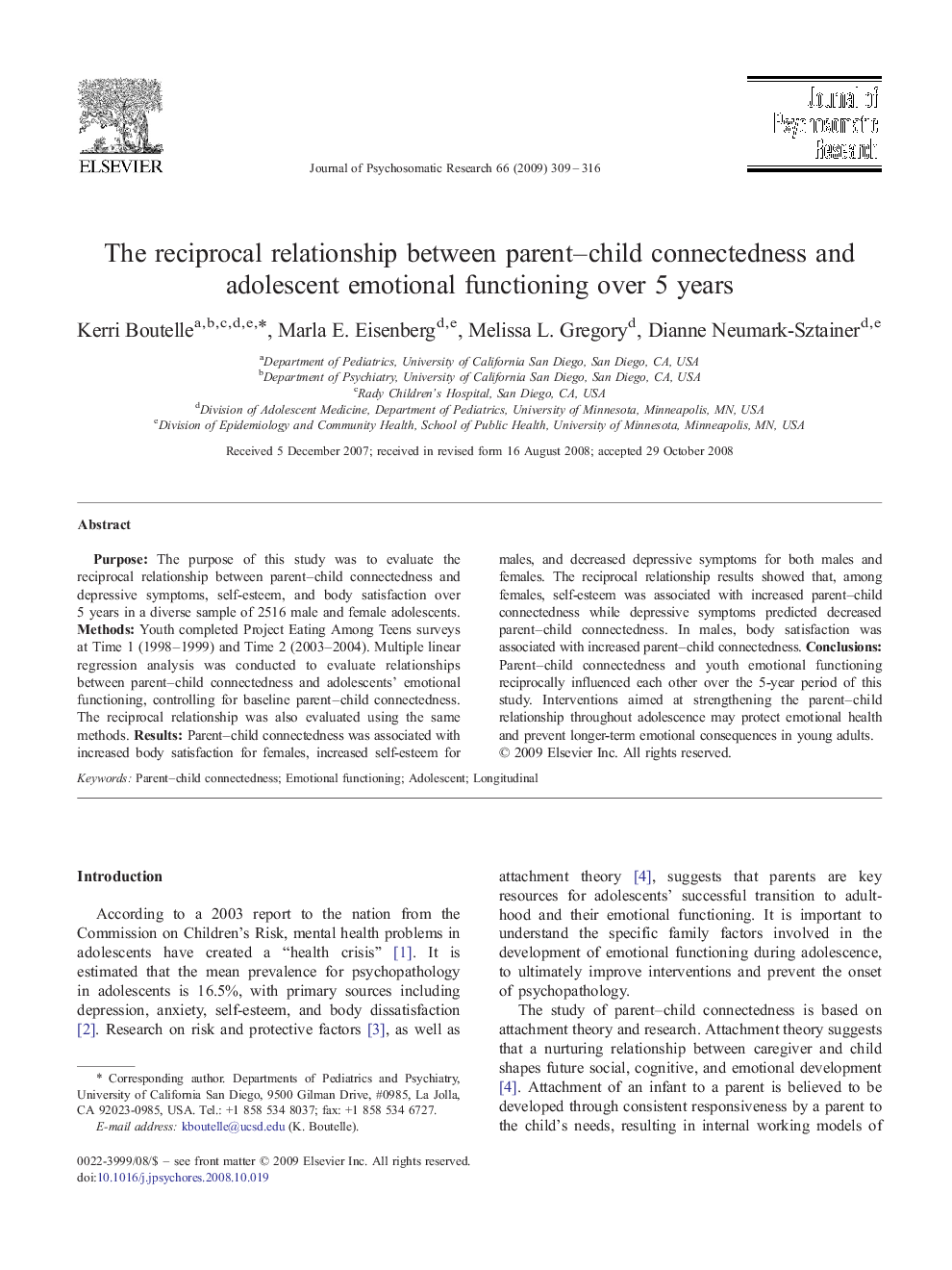 The reciprocal relationship between parent–child connectedness and adolescent emotional functioning over 5 years