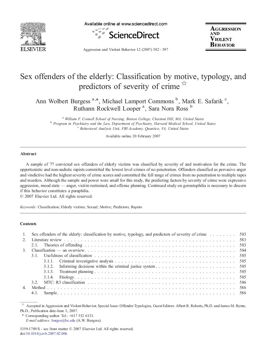 Sex offenders of the elderly: Classification by motive, typology, and predictors of severity of crime 