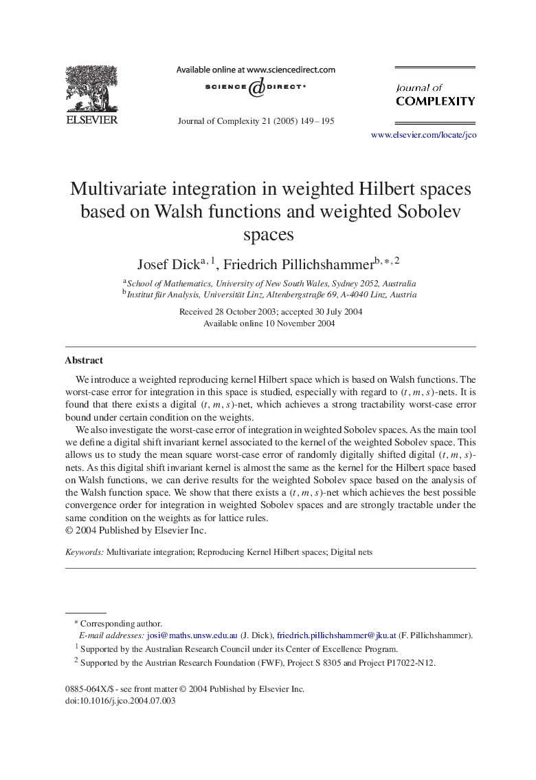 Multivariate integration in weighted Hilbert spaces based on Walsh functions and weighted Sobolev spaces