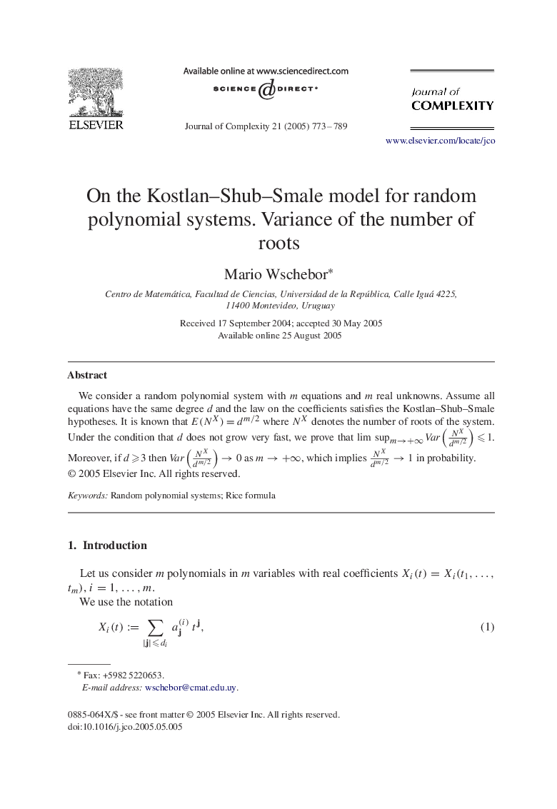 On the Kostlan-Shub-Smale model for random polynomial systems. Variance of the number of roots