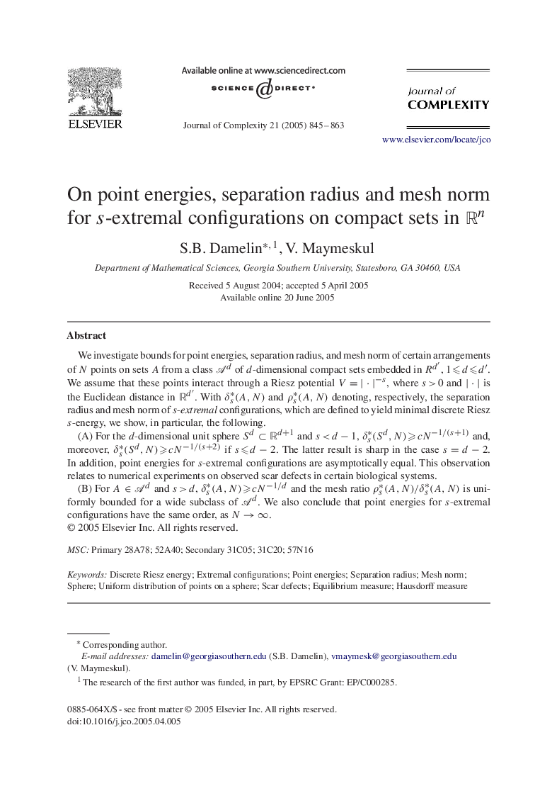 On point energies, separation radius and mesh norm for s-extremal configurations on compact sets in Rn