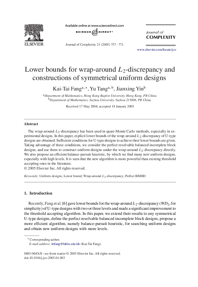 عکس صفحه اول مقاله: Lower bounds for wrap-around L2-discrepancy and constructions of symmetrical uniform designs Lower bounds for wrap-around L2-discrepancy and constructions of symmetrical uniform designs