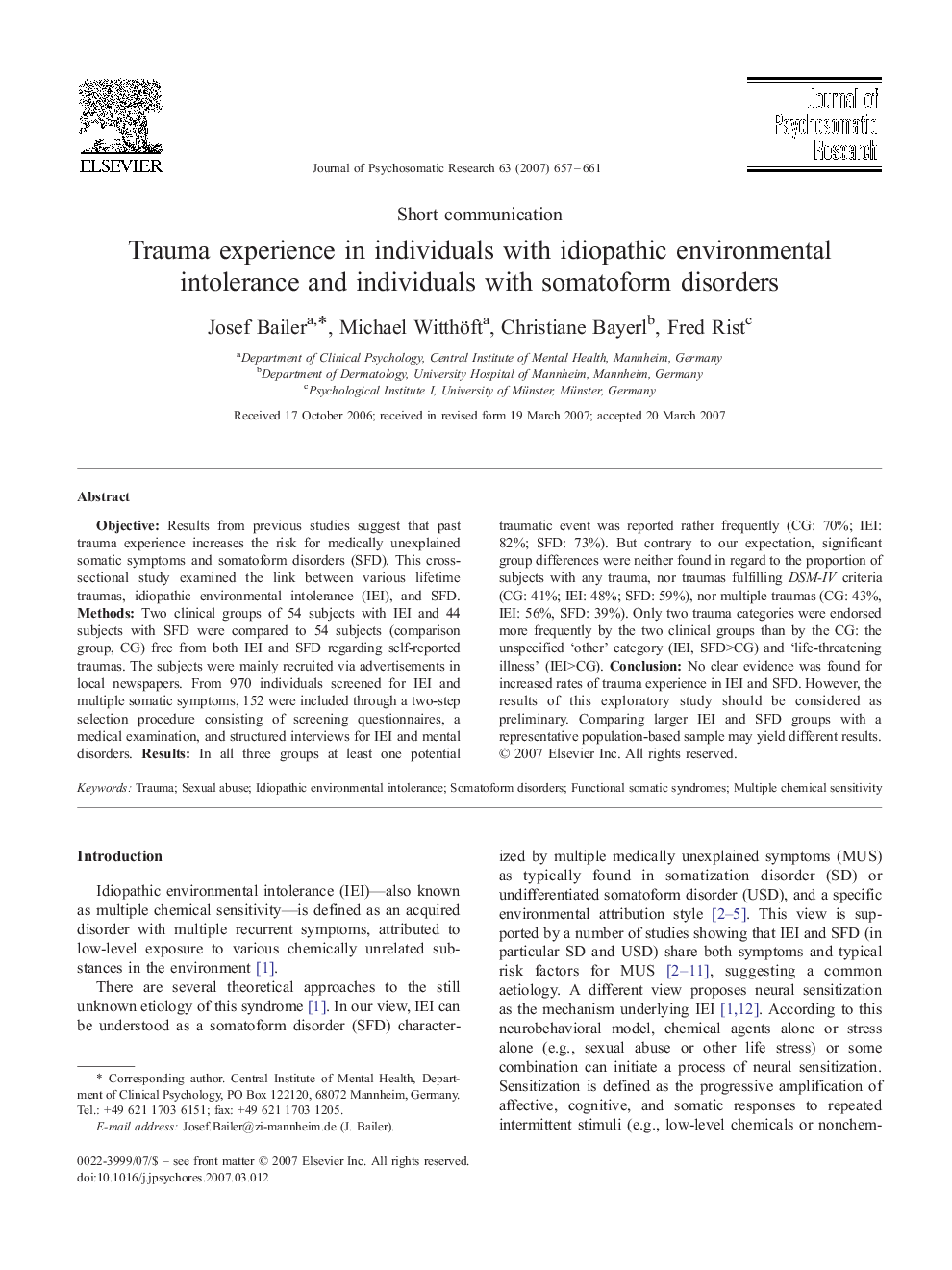 Trauma experience in individuals with idiopathic environmental intolerance and individuals with somatoform disorders