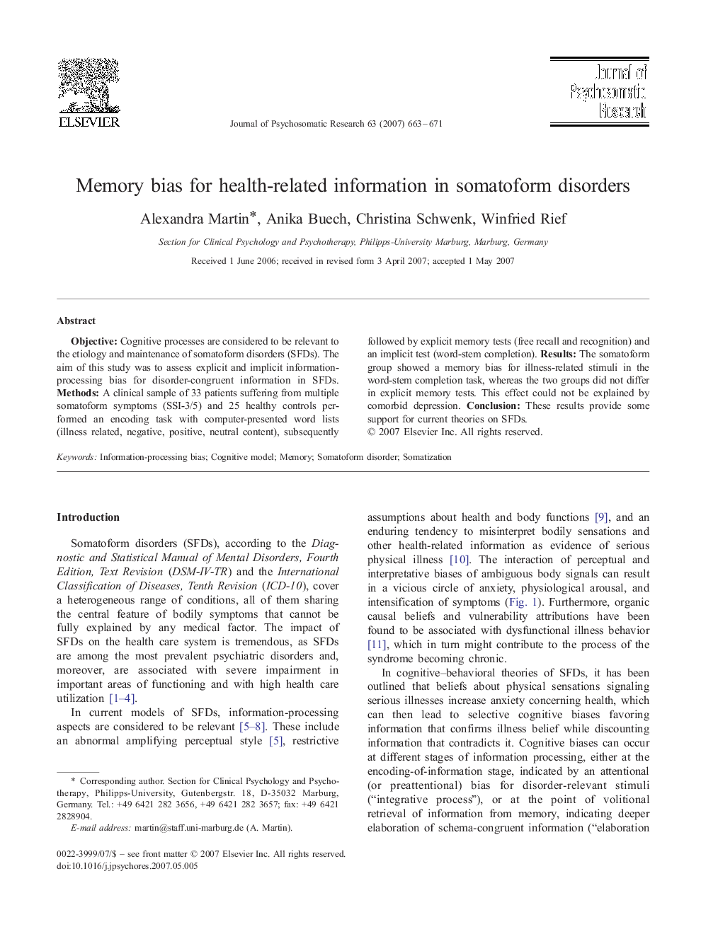 Memory bias for health-related information in somatoform disorders