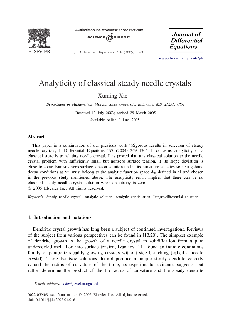 Analyticity of classical steady needle crystals