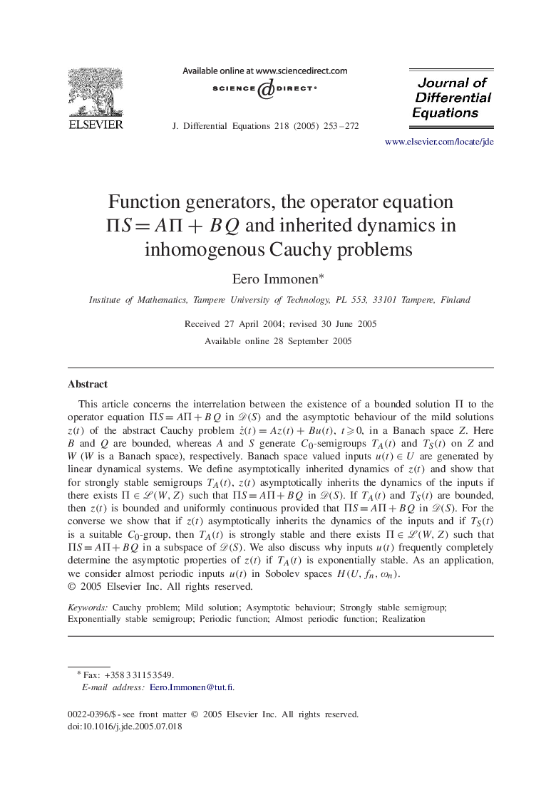 Function generators, the operator equation Î S=AÎ +BQ and inherited dynamics in inhomogenous Cauchy problems