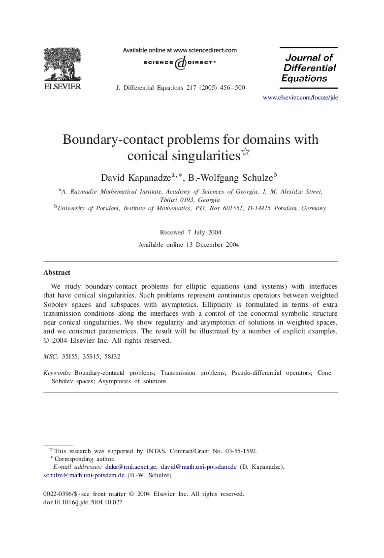 Boundary-contact problems for domains with conical singularities