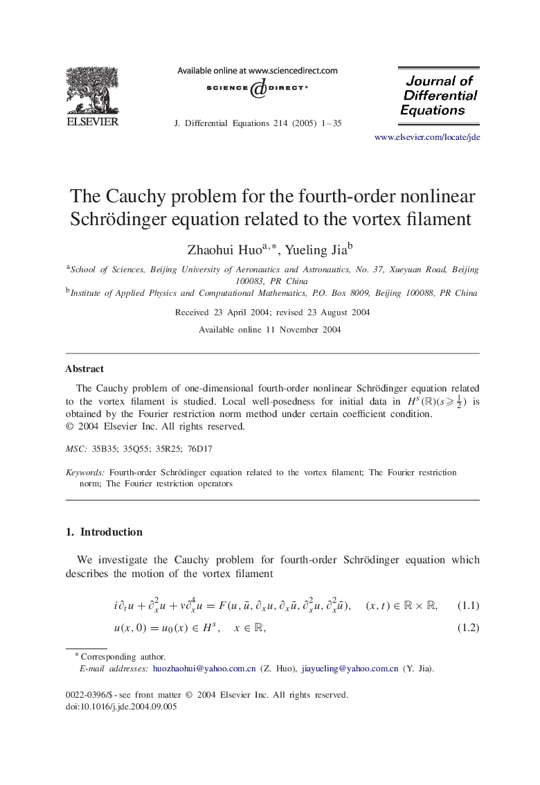 The Cauchy problem for the fourth-order nonlinear Schrödinger equation related to the vortex filament