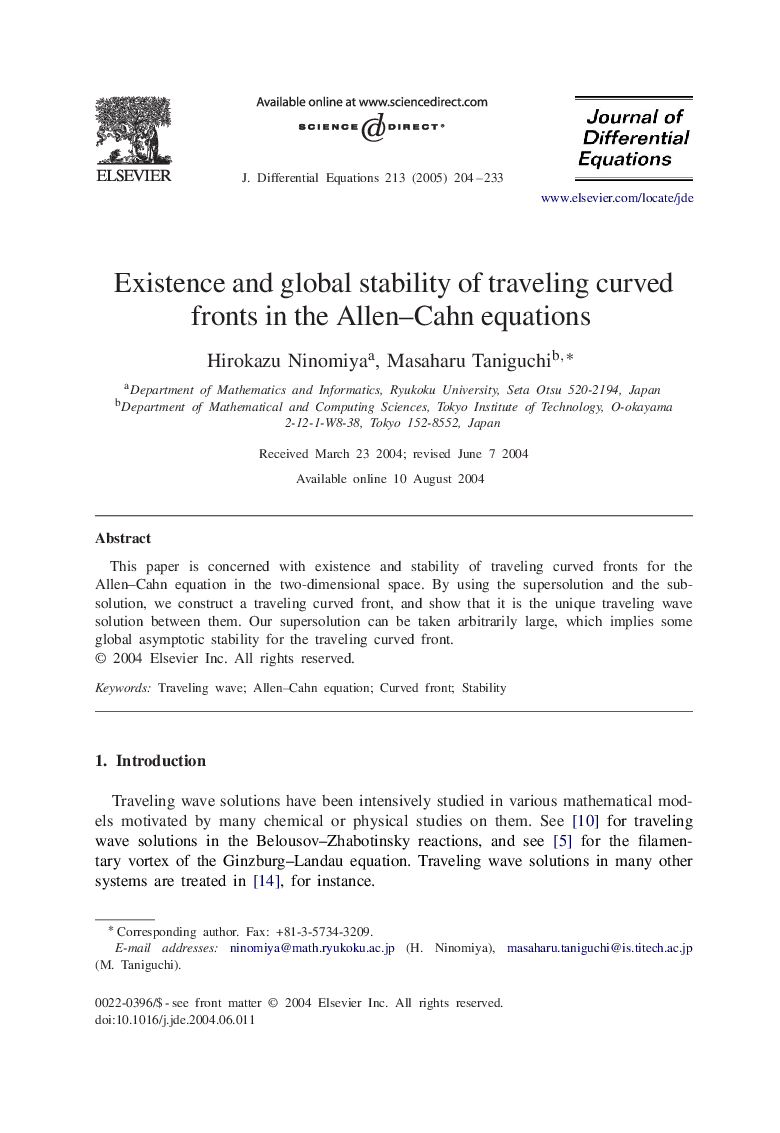 Existence and global stability of traveling curved fronts in the Allen-Cahn equations