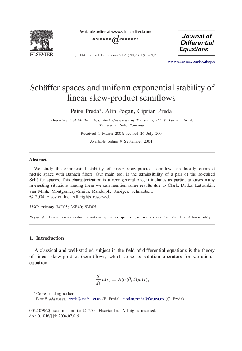 Schäffer spaces and uniform exponential stability of linear skew-product semiflows