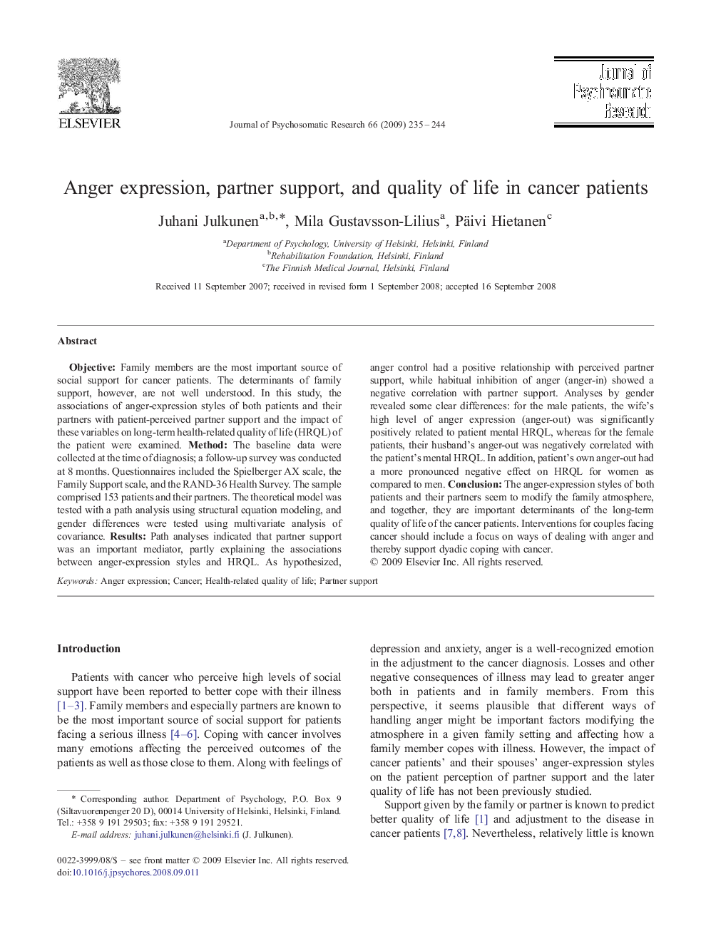 Anger expression, partner support, and quality of life in cancer patients