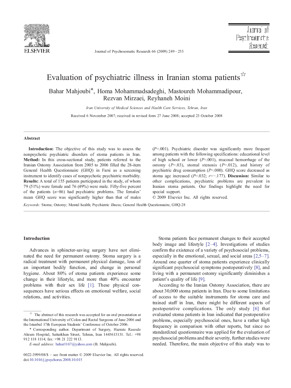 Evaluation of psychiatric illness in Iranian stoma patients 