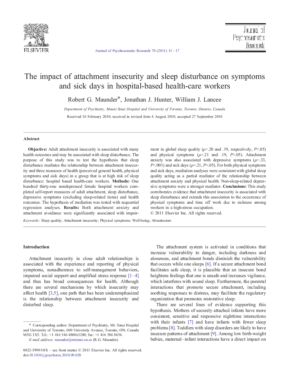 The impact of attachment insecurity and sleep disturbance on symptoms and sick days in hospital-based health-care workers