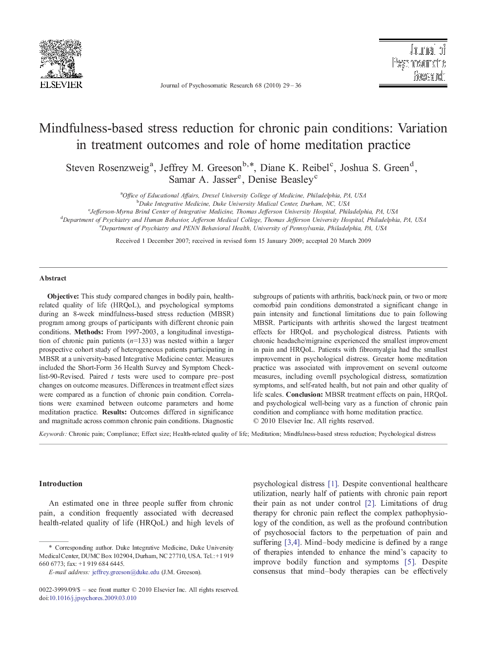 Mindfulness-based stress reduction for chronic pain conditions: Variation in treatment outcomes and role of home meditation practice