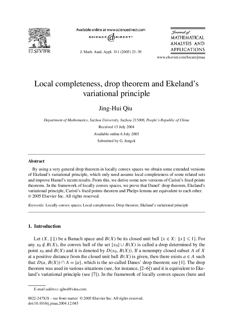 Local completeness, drop theorem and Ekeland's variational principle