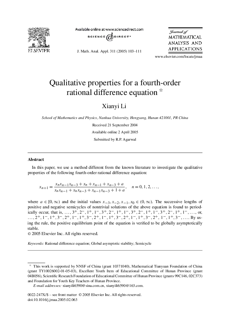 Qualitative properties for a fourth-order rational difference equation