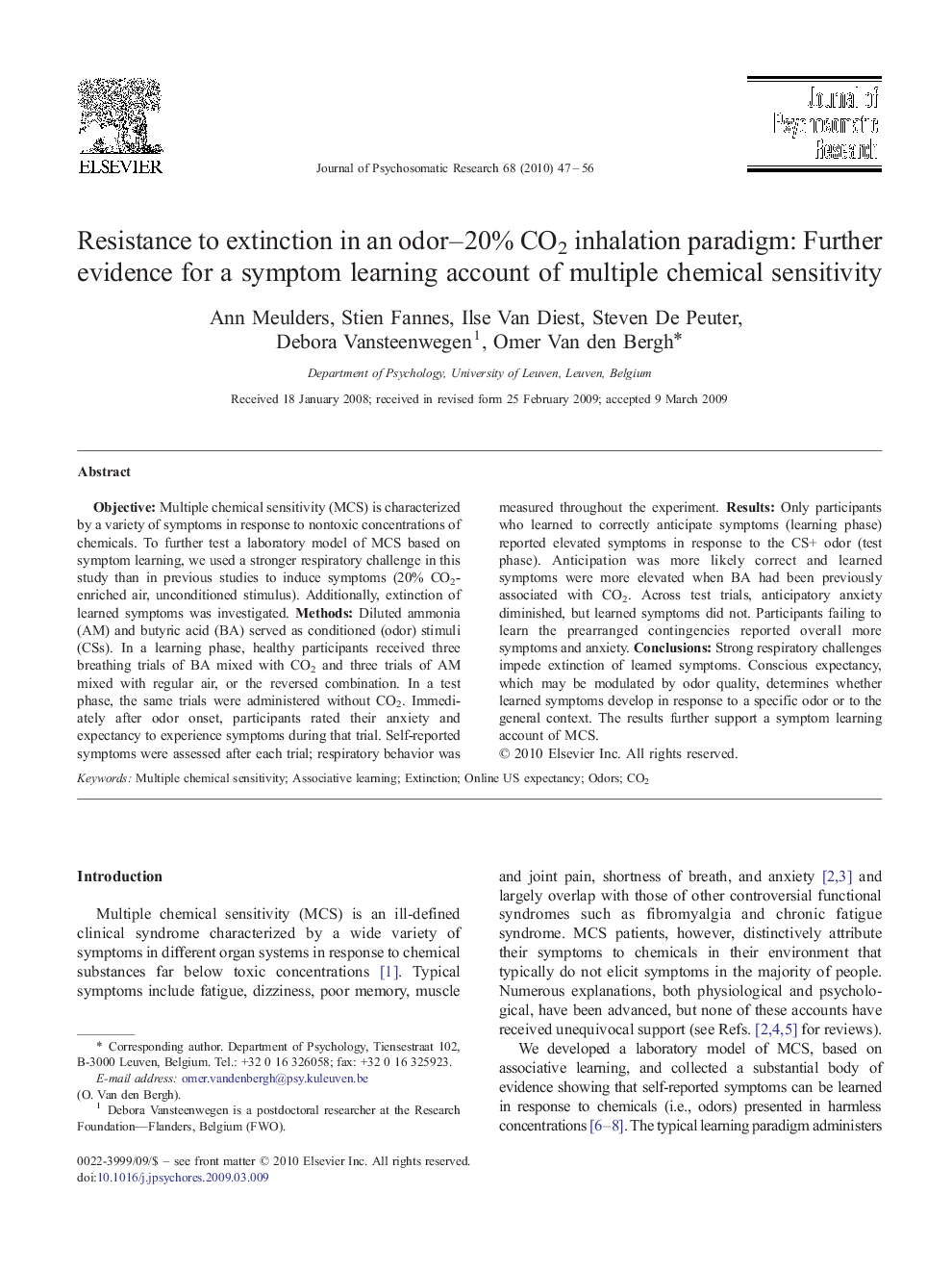 Resistance to extinction in an odor–20% CO2 inhalation paradigm: Further evidence for a symptom learning account of multiple chemical sensitivity