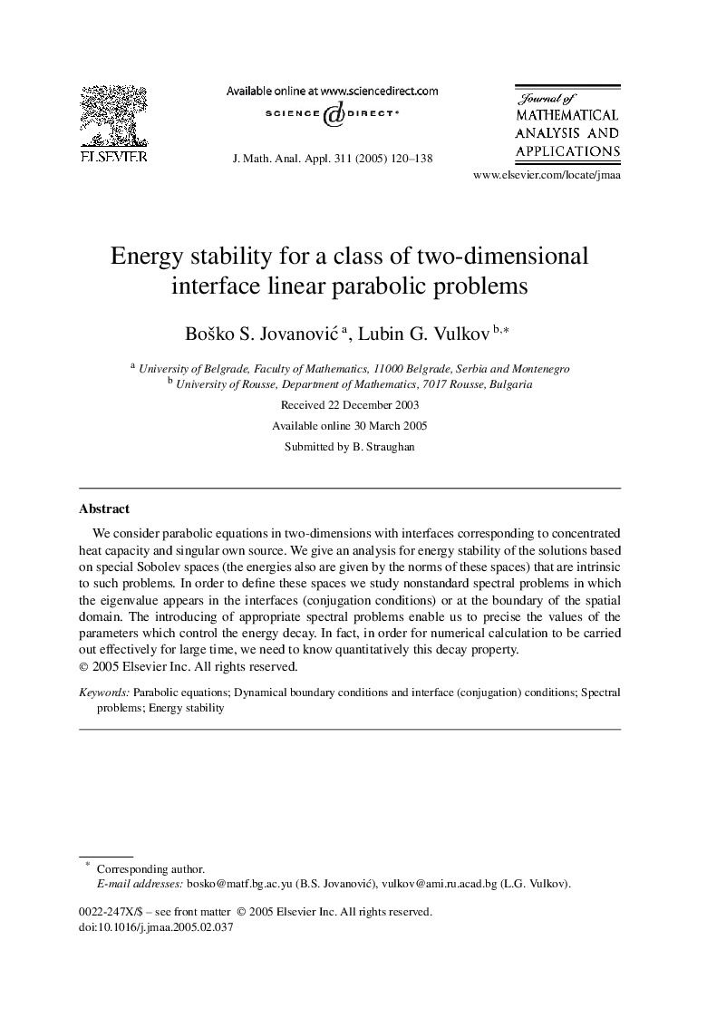 Energy stability for a class of two-dimensional interface linear parabolic problems