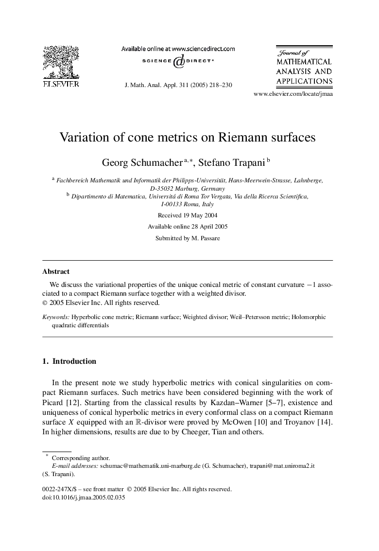 Variation of cone metrics on Riemann surfaces