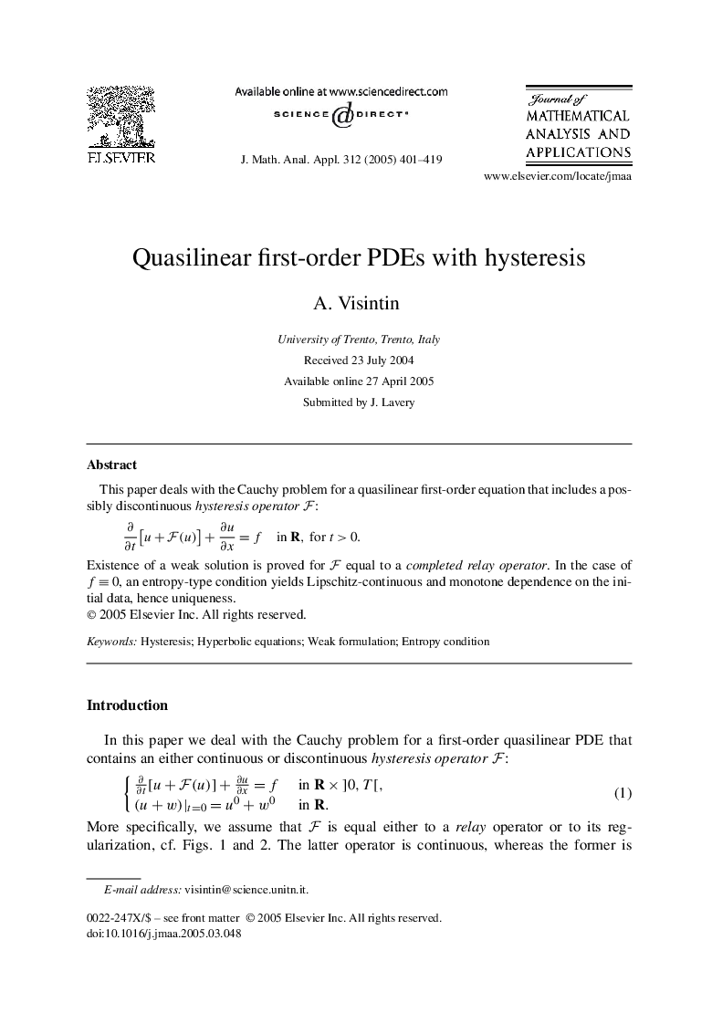 Quasilinear first-order PDEs with hysteresis