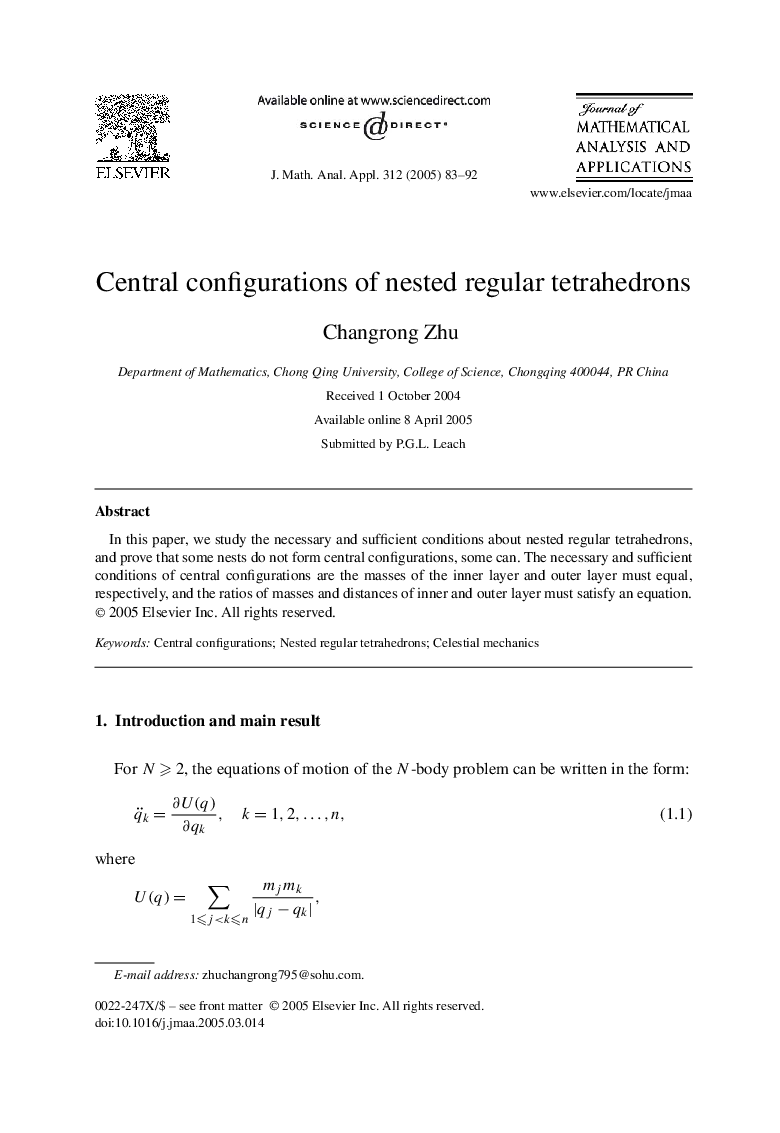 Central configurations of nested regular tetrahedrons