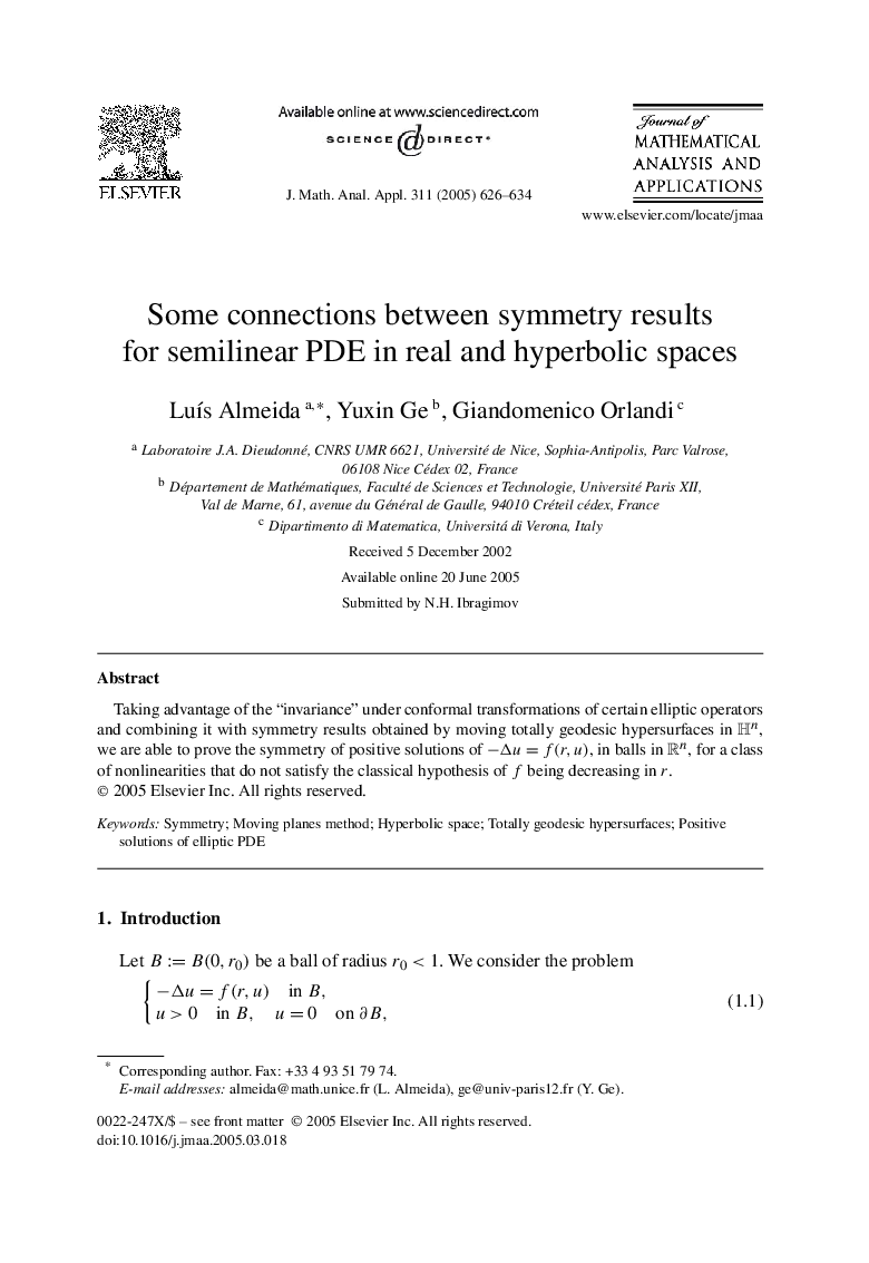 Some connections between symmetry results for semilinear PDE in real and hyperbolic spaces