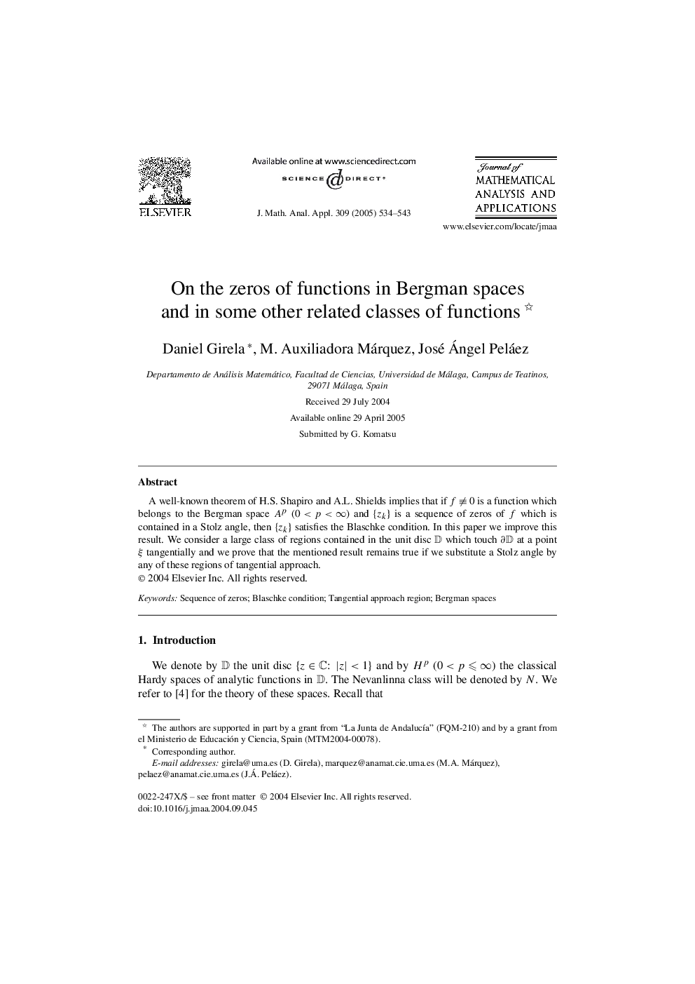 On the zeros of functions in Bergman spaces and in some other related classes of functions