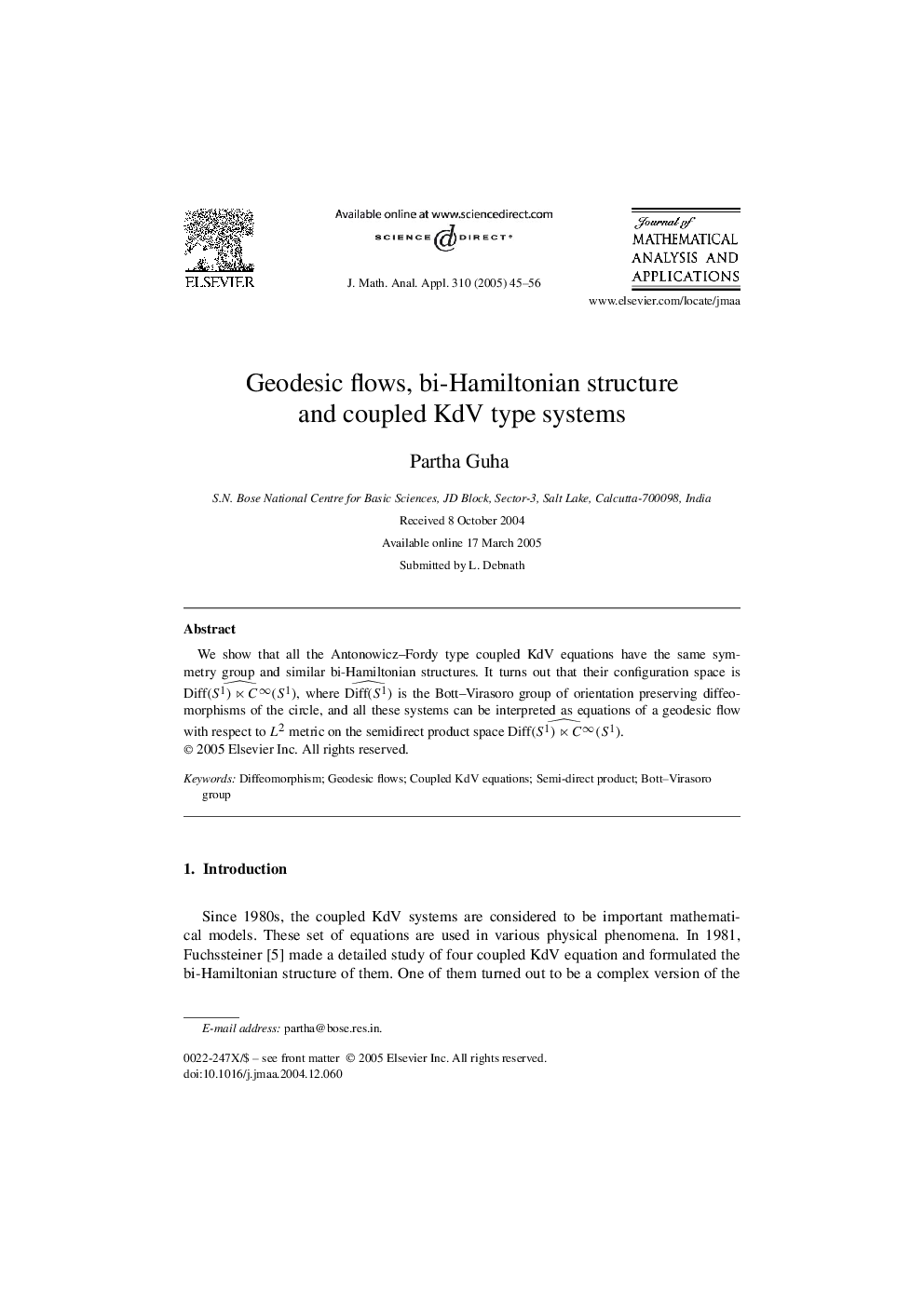 Geodesic flows, bi-Hamiltonian structure and coupled KdV type systems