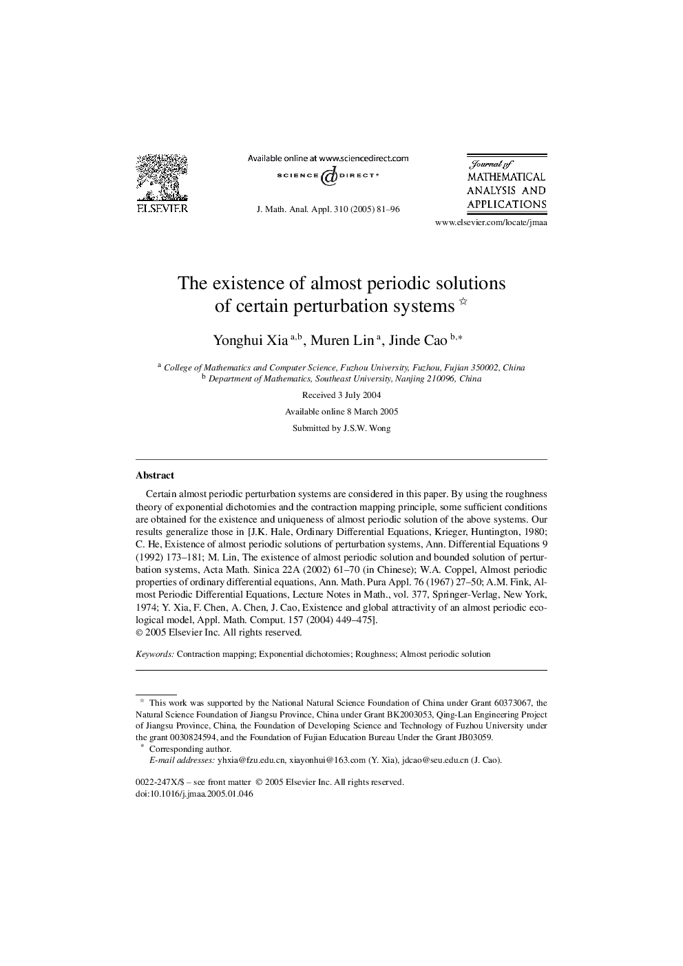 The existence of almost periodic solutions of certain perturbation systems