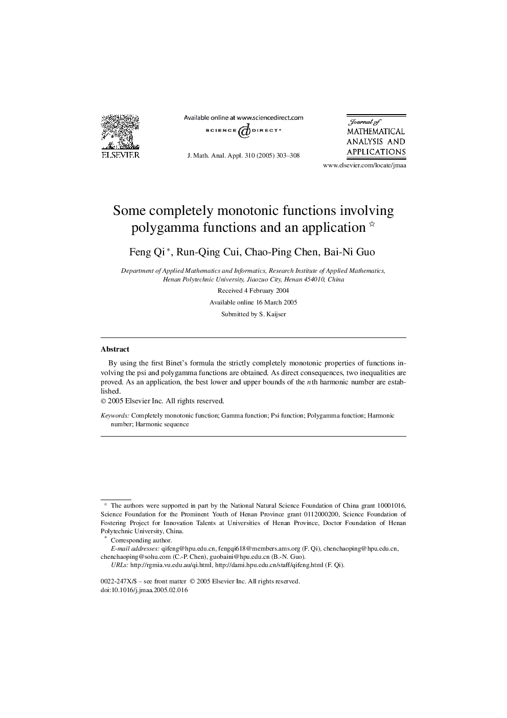 Some completely monotonic functions involving polygamma functions and an application