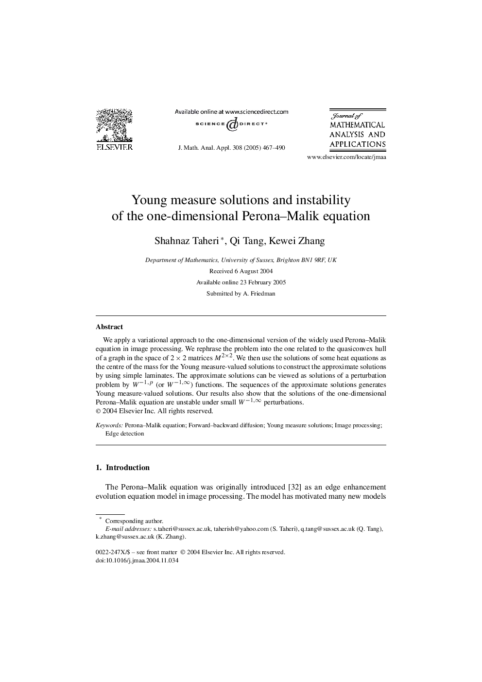 Young measure solutions and instability of the one-dimensional Perona-Malik equation