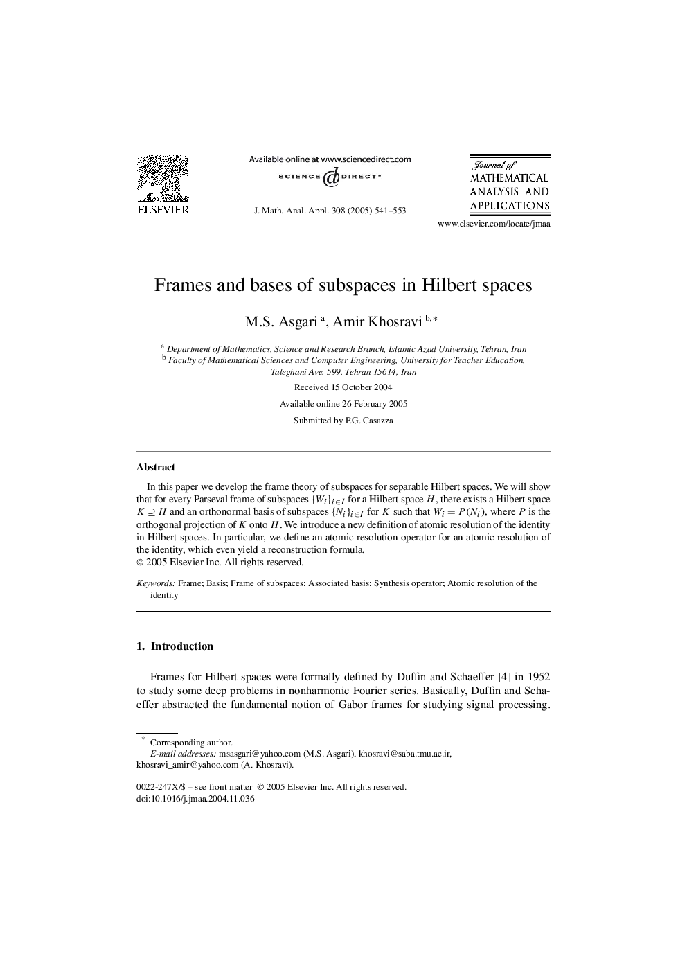 Frames and bases of subspaces in Hilbert spaces