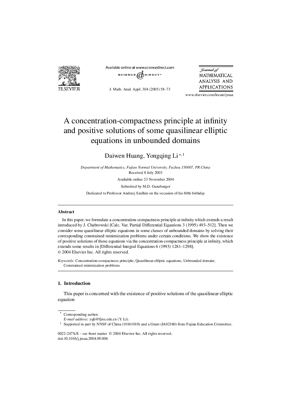 A concentration-compactness principle at infinity and positive solutions of some quasilinear elliptic equations in unbounded domains