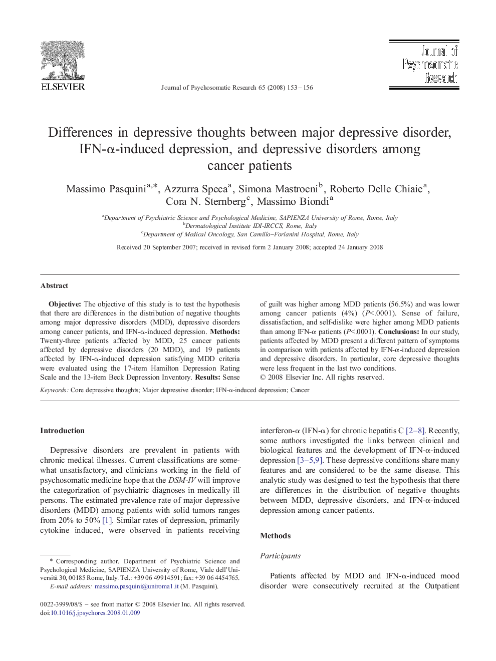 Differences in depressive thoughts between major depressive disorder, IFN-α-induced depression, and depressive disorders among cancer patients