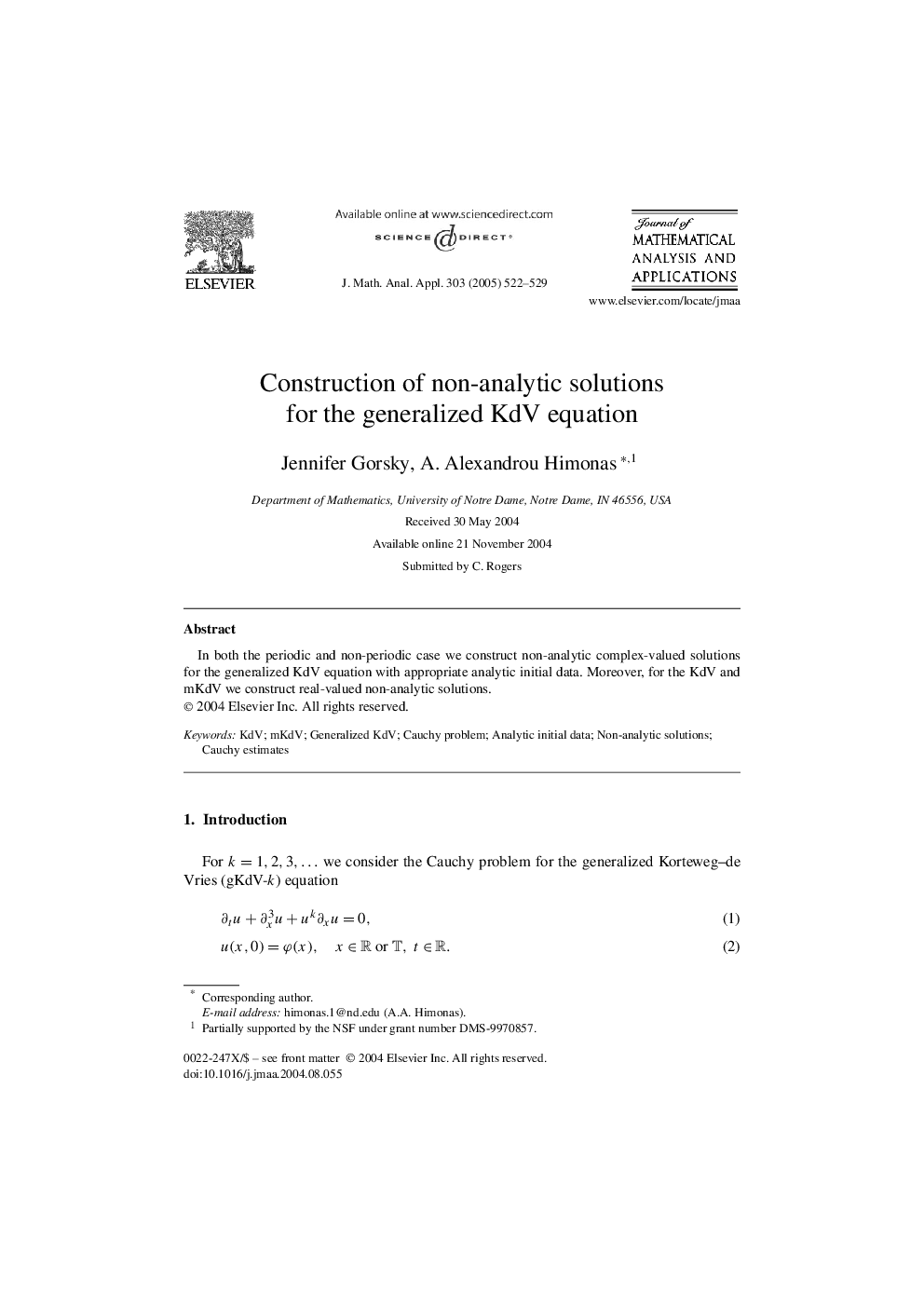 Construction of non-analytic solutions for the generalized KdV equation